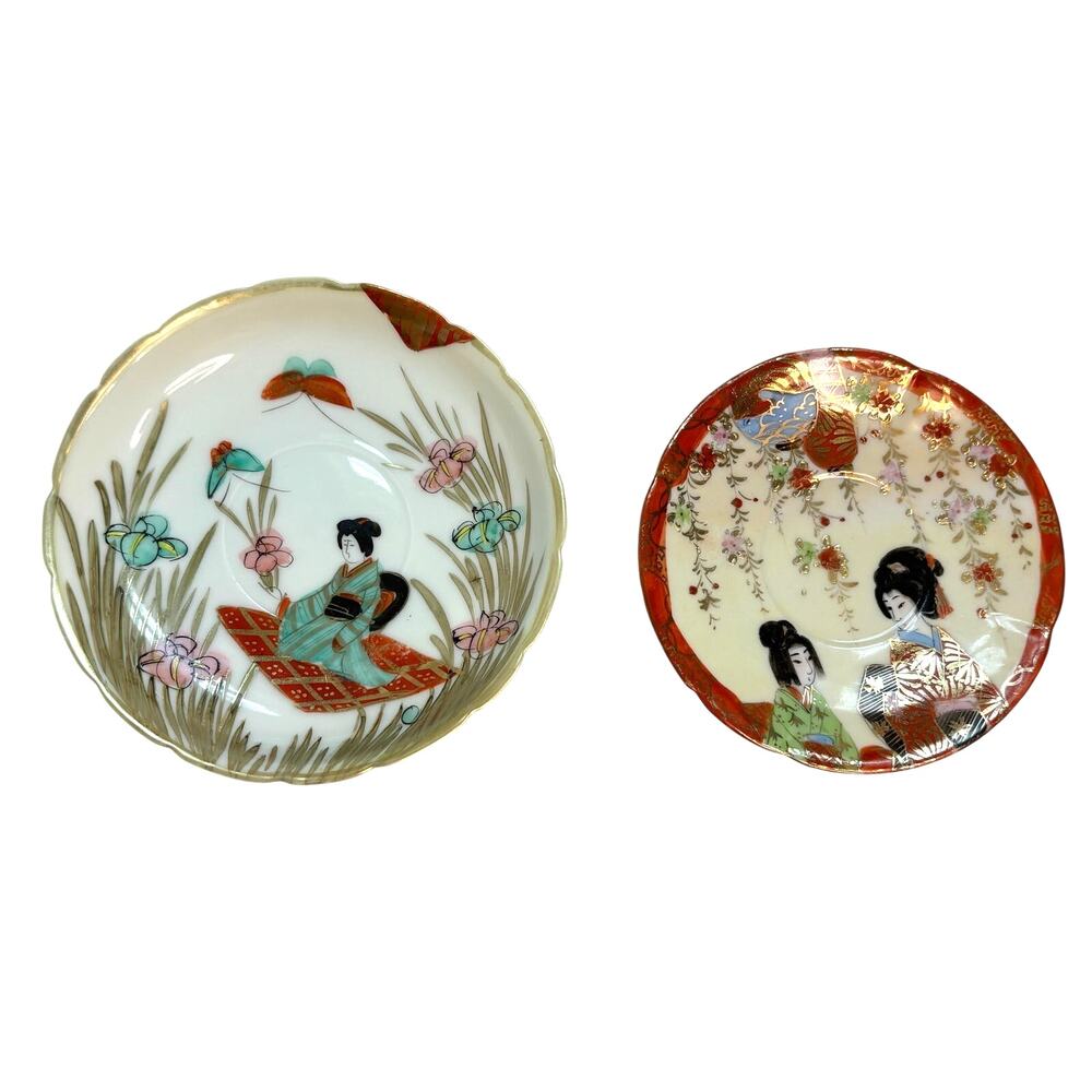 Vintage Japanese Porcelain Geisha Saucers Trinket Bowls Kutani Style Set 2